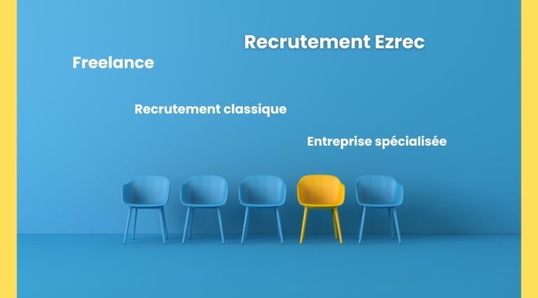 Quatre chaises bleues et une jaune alignées représentant l'entretien d'embauche avec écritures: recrutement Ezrec, Freelance, recrutement traditionnel et entreprise spécialisée pour montrer les alternatives au recrutement tradionnel